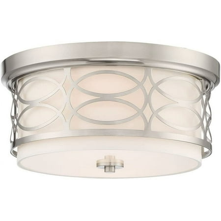 

2-Light Flush Mount Ceiling Light + Metal Drum Shade + White Fabric Shade + Round Frosted Glass Diffuser Brushed Finish
