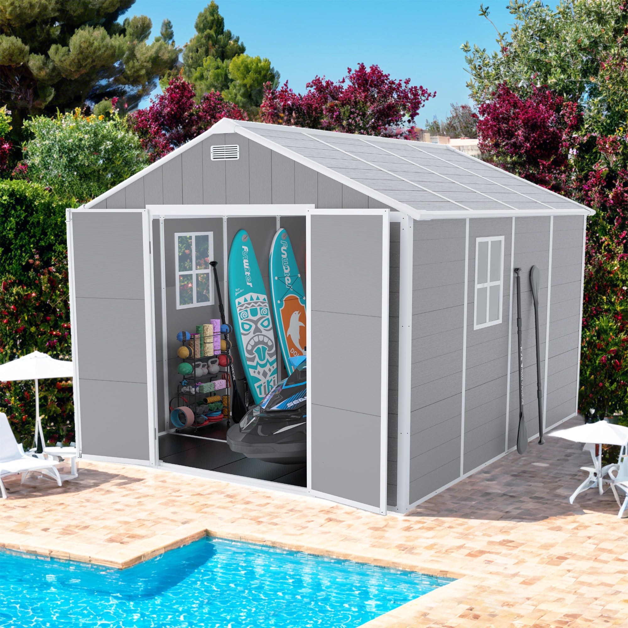 Seizeen Resin Shed, Outdoor Storage Shed 7.15 x 8.26FT Extra Large, Outside Garden Shed for Lawn Mover Bike Tool, w/Double Doors, Air Vents, Double Windows, PP Floor
