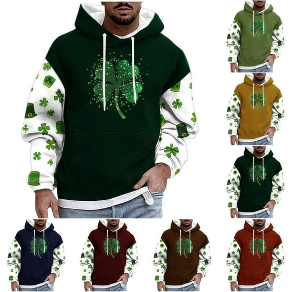 Hinvhai Mens Fashion St Patricks Day Hoodie Sweatshirts for ,Classic Clover Printed Color Bolck Long Sleeve Round Neck Casual Sweatshirt for Men Yellow XL(XL)
