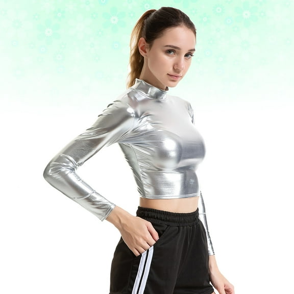 HOMEMAXS Silver Solid Color Bustier Patent Leather Performance Costume Long Sleeve Clothes for Cosplay Nightclub Stage Women - Size XL