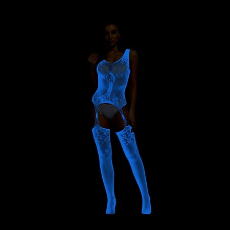 Generic Luminous Sexy Lingerie Sling Fluorescent Blue Sexy Mesh Stockings Mesh Bodysuit Yg416