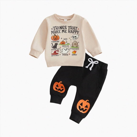 NOLDARES Toddler baby boy halloween outfit Pumpkin Sweasthirt Long Sleeve Shirt Pocket Pants Halloween Clothes Set(Beige,12-18 Months)