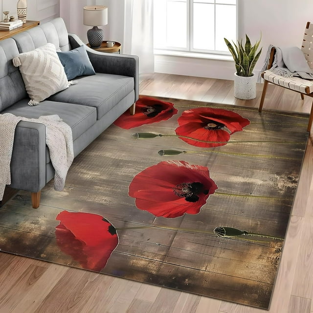 Area Rugs 3x5 ft Retro Red Poppy Flower Stain Resistant Washable Rug, Machine Washable Rug with Non-Slip, Area Rug for Living Room Bedroom Dining Home Office, Brown 5