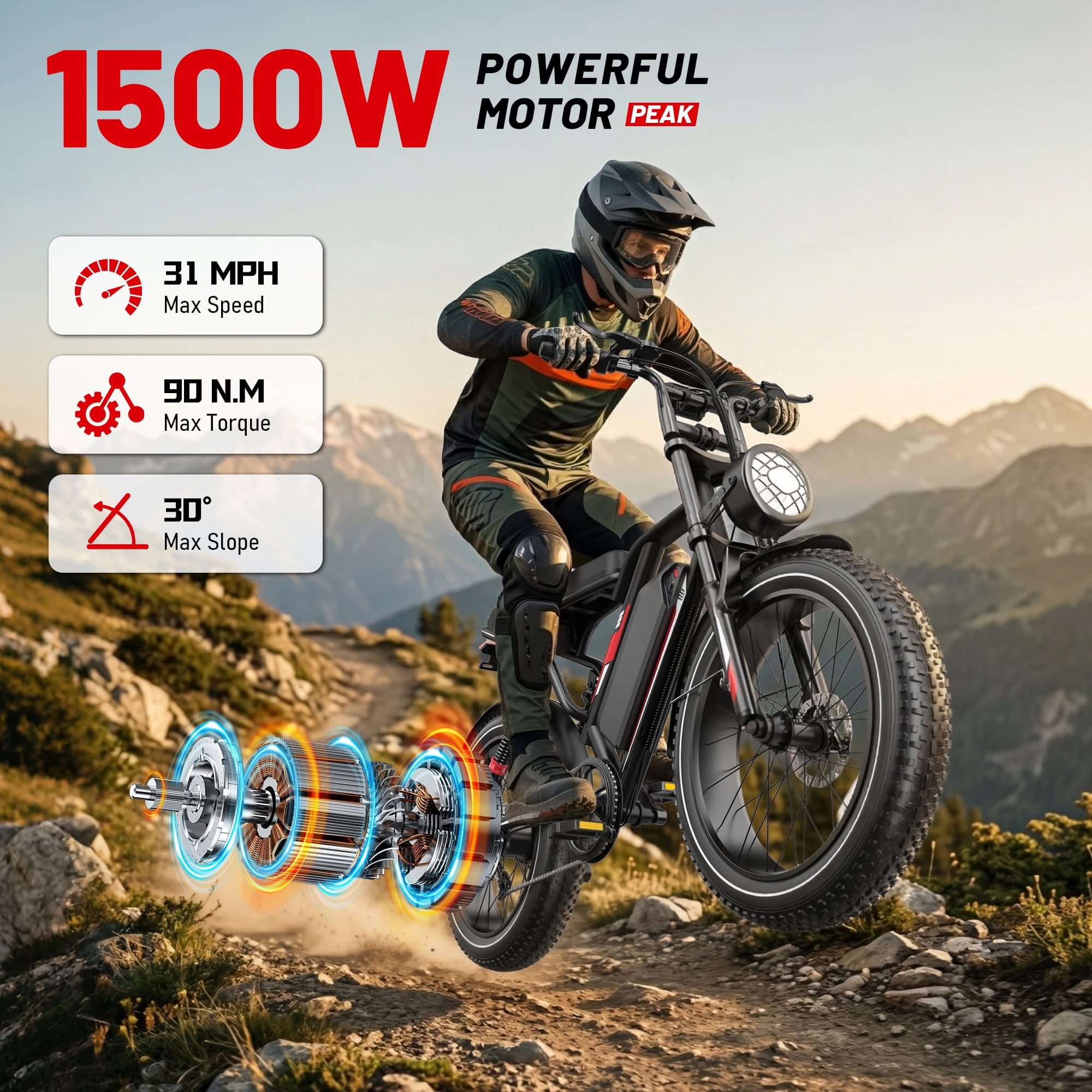 UL2849 Electric Bike for Adults - Peak 1500W Motor, 20"x4" Fat Tire,48V/17.5AH, Full Suspension, 7-Speed SHIMANO