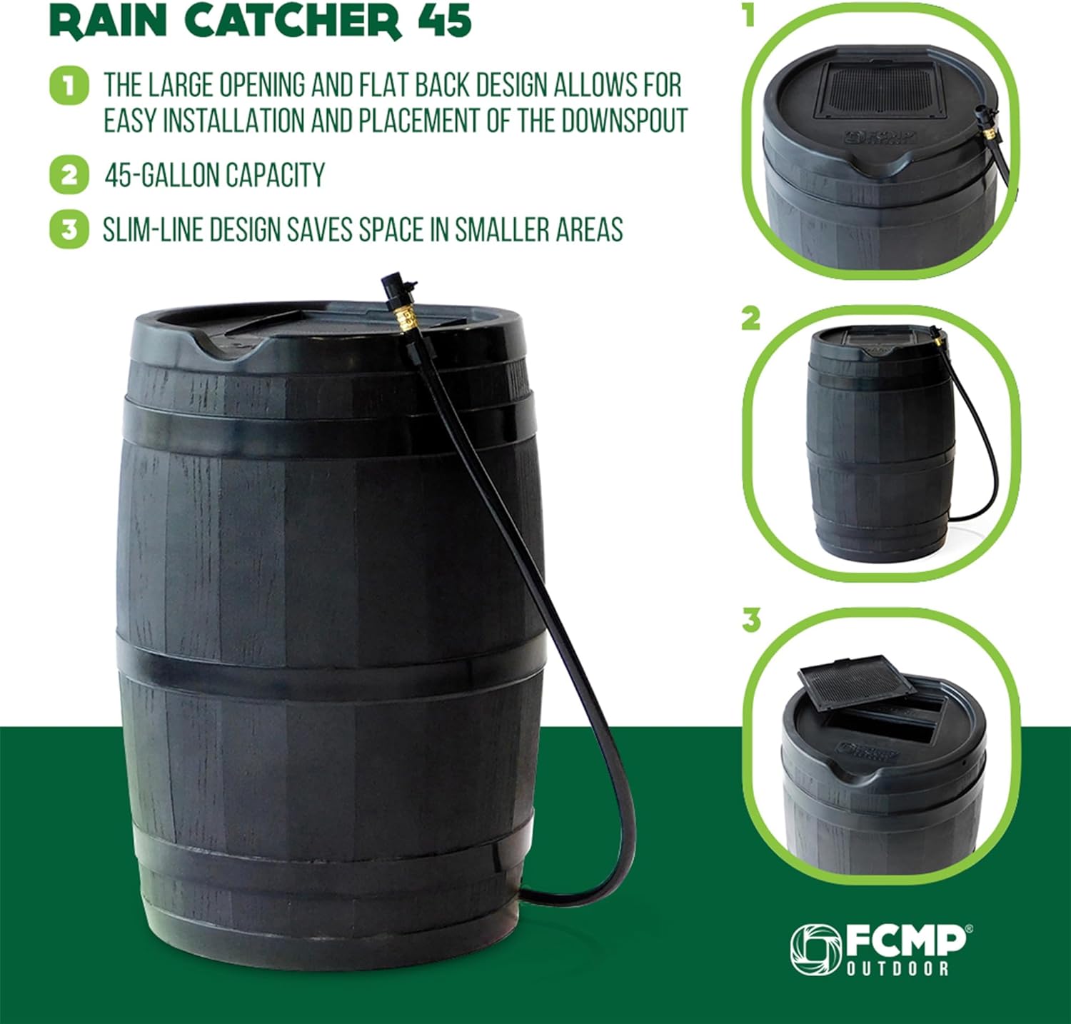 FCMP Outdoor RC45-BLK Rain Barrel (45-Gallon) - Water Rain Catcher Barrel with Flat Back for Watering Outdoor Plants, Gardens, and Landscapes, Black