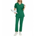 thumbnail image 3 of Kixjoy Green Scrubs Sets for Women V Neck Short Sleeve Stretch Nurseing Scrubs Soft Drawstring Workwear Loose Medical Uniform Basic Lightweight Scrub Tops and Long Pants with Pockets, Green XL, 3 of 4