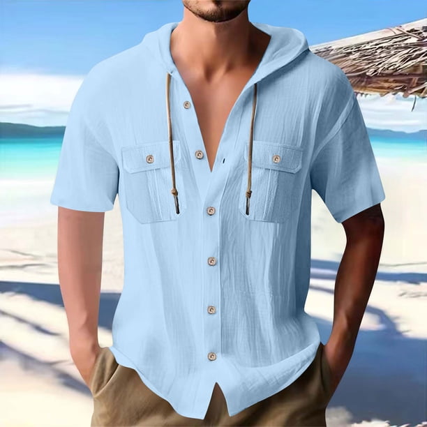 pstuiky camisetas de hombre, Blusa informal de manga corta con capucha, botones y bolsillo con cordón de color sólido para hombre. camisas casuales para hombre xxl