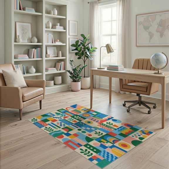 ODIKA 4'x6' Multicolor Geometric Patchwork Washable Area Rug Modern Abstract Design With Bold Shapes And Playful for Home Office, Under Desk, Non-Slip Chair-Friendly, Flatwoven