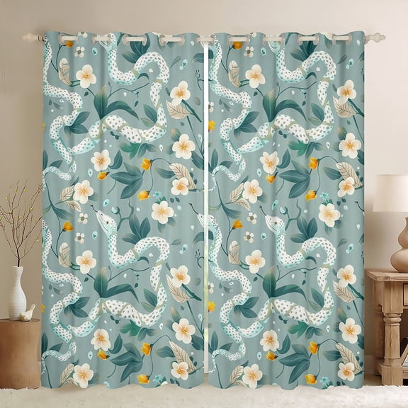 Homewish Retro Rustic Flower Black Out Curtains,Green Snake Curtains Pack of 2 (42x63 Each),Country Floral Bedroom Curtains For Boys Girls,Microfiber Bedroom Decor