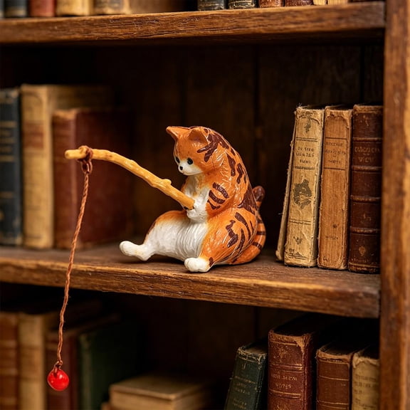 Sitting Cat Figurine, 1.18" Miniature Orange Cat with Fishing Rod, PVC Collectible Ornament for Desk Shelf Terrarium