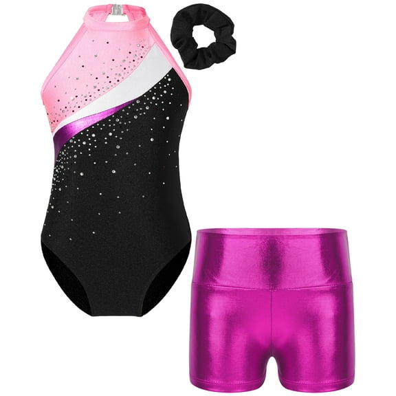Alvivi Kids Girls Shiny Dance Outfits Gymnastics Leotard Unitard with Sports Shorts Tracksuit Pink&Rose 12