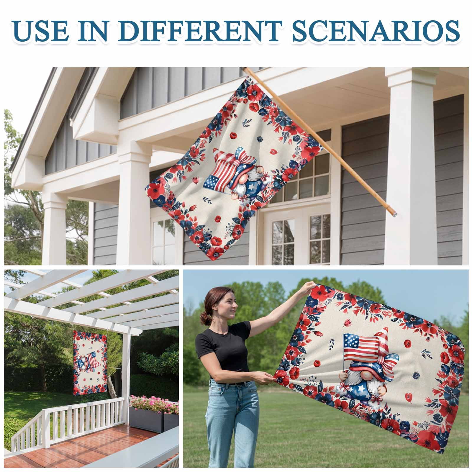 4th of July Flags for Outside 3x5 ft Patriotic Gnome Outdoor Flags Double Sided Grommets House Banner USA Flag Poppy Flower Patio Yard Flag for Outdoor Party Porch Independence Day Decor