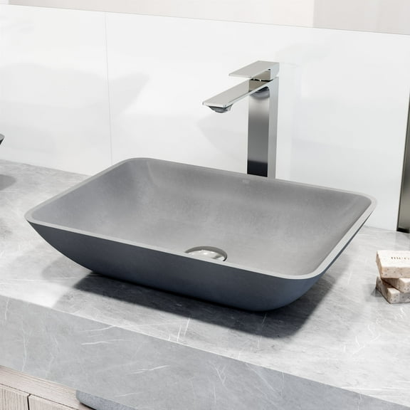 VIGO Concreto Stone Rectangular Vessel Bathroom Sink and Vessel Faucet in Chrome