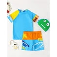 thumbnail image 2 of Boys Cartoon Dinosaur "Ride The Wave" Color Block Swimming Suit Swimming Trunks & Tops & Cap Casual Kids Clothes, 2 of 5