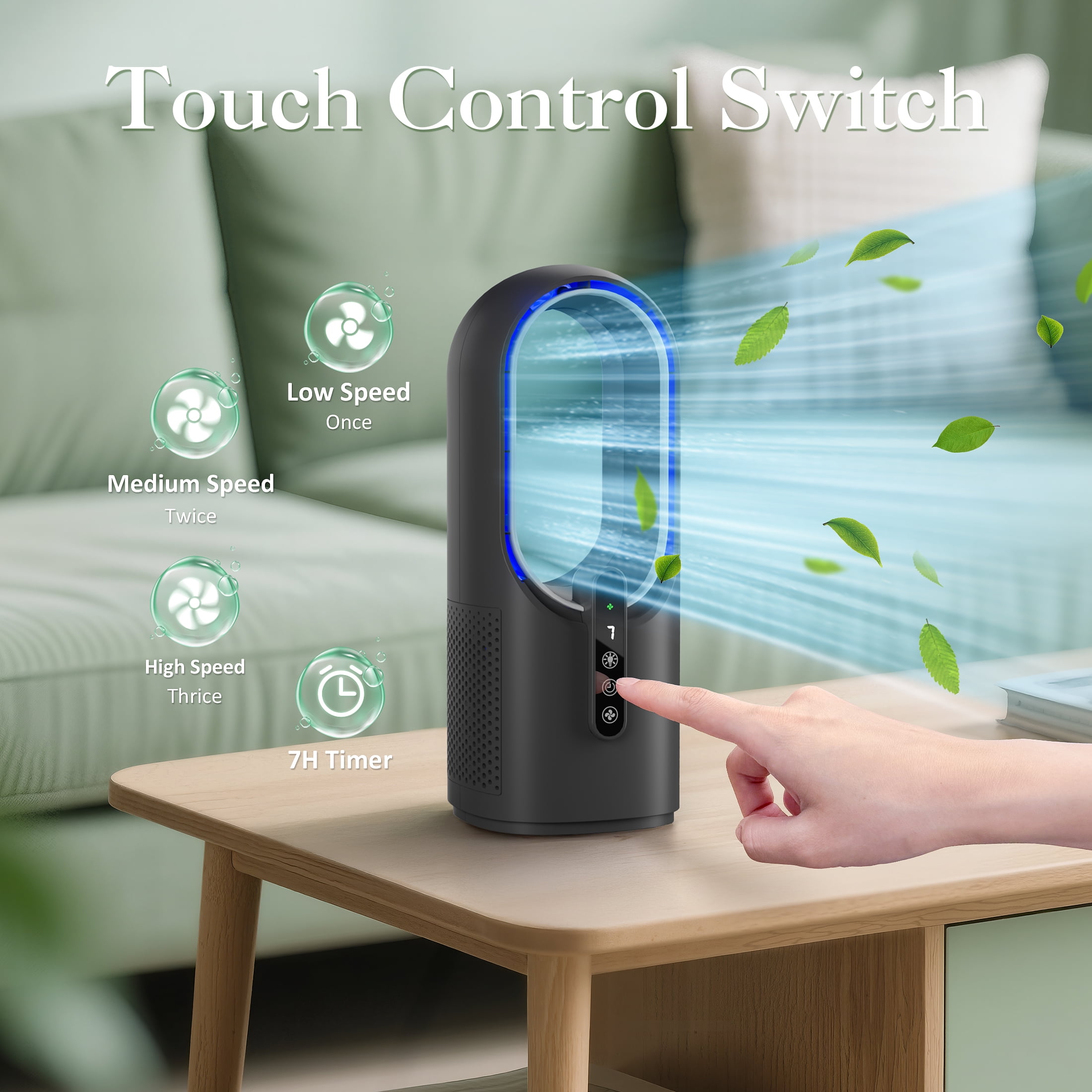 Better Homes & Gardens Bladeless Cooling Fan with LED Light, Quiet Desk Fan 3 Speeds, Portable Touch Control for Office Home
