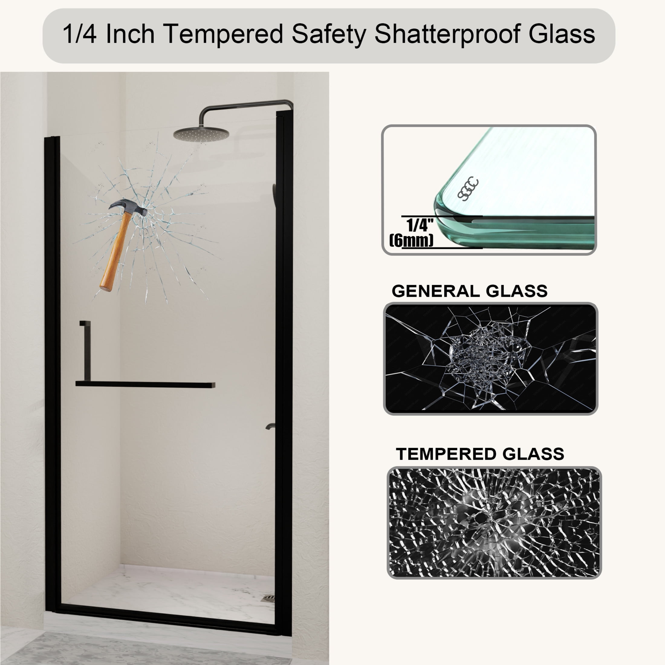 Noble House 35" Semi-Frameless Pivot Shower Door, Tempered Clear Glass, Reversible Adjustable Width, Matte Black