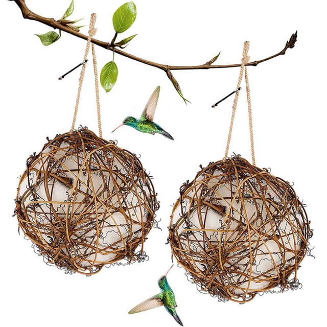 Fiudx Bolas de Nido para Colibríes, Ratán Natural, Algodón de Fibra de Poliéster Suave, Tamaño Ajustable, Casa para Pájaros Colgante para Exterior, Resistente a La Intemperie, Regalo para Amantes de