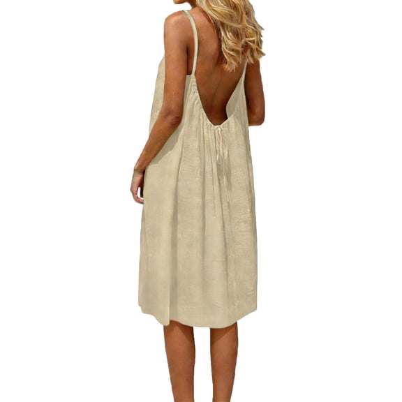 Lcziwo Women Backless Spaghetti Strap Midi Dress Summer Solid Flowy Loose Sundress Beach Holiday House Cami Dress Khaki,XXL
