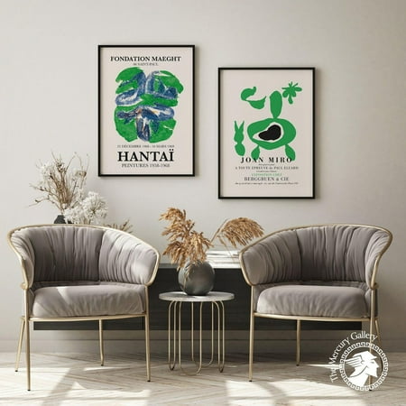 UNFFRAMED Luvia Set of 2 Hantai and Joan Miro Print Set, Green Poster Prints, Modern Gallery Wall Decor, Vintage Boho Home Art Set 2 Prints 12x18
