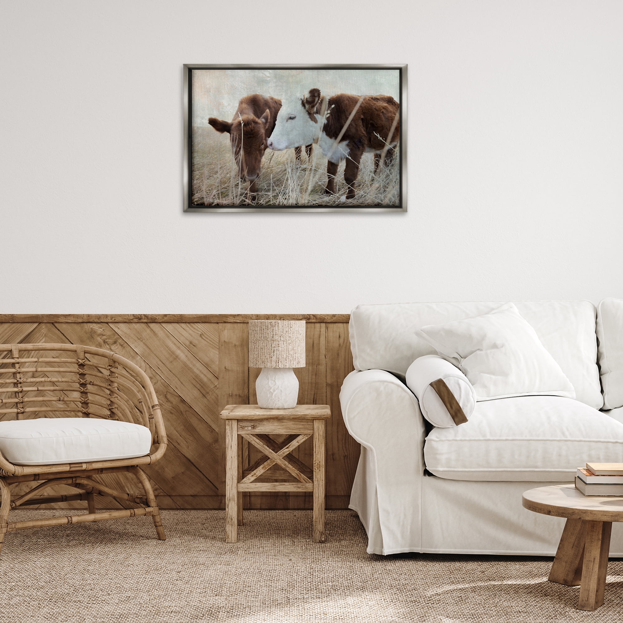 Stupell Industries Baby Calf Pair in Grass Animals & Insects Photography Gray Floater Framed Canvas Art Print Wall Art, 31 x 21