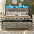 thumbnail image 2 of Farmhouse Queen Bed Frame with Charging Station and LED Lights,Headboard with Storage Rack,Queen Platform Bed Frame with Storage Ottoman, Metal Slats Support,No Box Spring Needed,Oak Gray, 2 of 9
