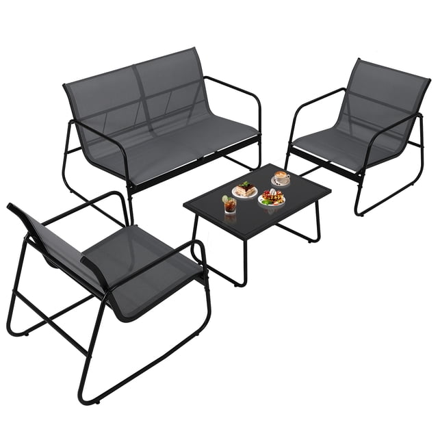 Gaderth Ensemble de Mobilier de Patio 4 Pcs, Ensemble de Conversation Extérieur avec Causeuse, 2 Chaises Simples et Table Basse en Verre, Ensemble Bistro de Patio en Textilène pour Cour Arrière Balcon Véranda Pelouse au Bord de la Piscine Jardin