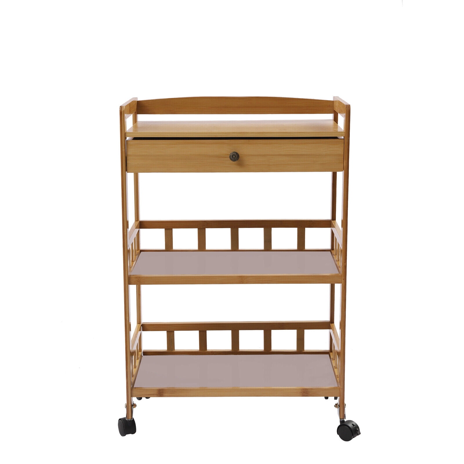 3 Tier Bamboo Kitchen Serving Cart, Rolling Kitchen Island Cart with Storage Drawer, Universal Lockable Casters, Anti-Slip Nets, Food Prepping Cart for Home Dining Room Hotel