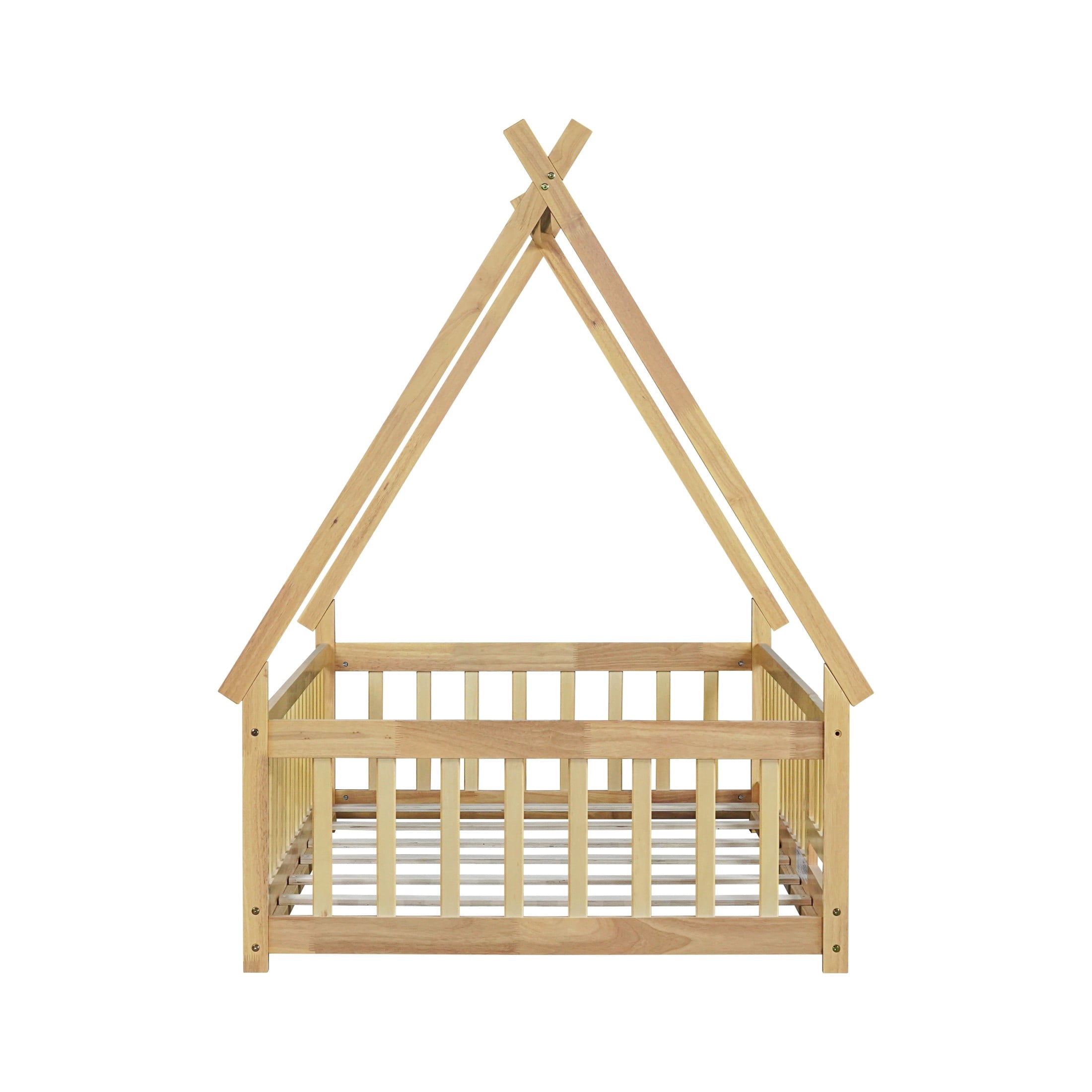 Noble House Misty Twin Teepee Floor Bed with Safety Fence and Door, Solid Rubber Wood Tent Bed, Kid's Room, Natural