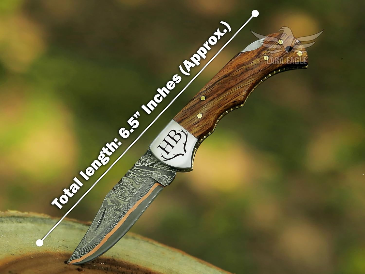 Copper Damascus Pocket Knife – Rose Wood Handle, Folding Hunting Knife with Leather Sheath & Sharpener – Ideal for Tactical, Survival, and Camping Use