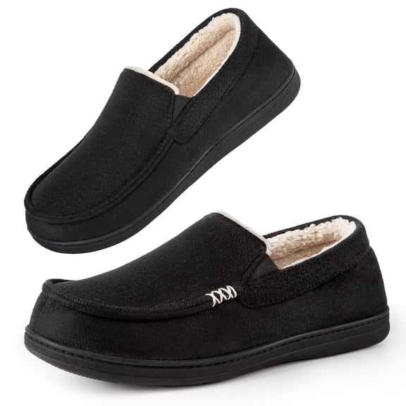 Home Top Men's Moccasin Slippers Faux Sherpa House Shoes with Non Slip Rubber Sole for Outdoor Black,8 US