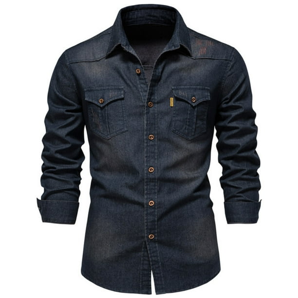 Camisas de algodón para hombre, camisa vaquera, camisa de manga larga, camisas de corte entallado para hombre
