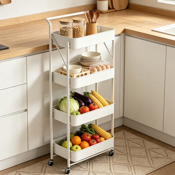 GARITIN 4 Tier Folding Rolling Cart, Folding Utility Cart with Lockable Wheels and Handle, Mobile Foldable Storage Cart Organizer for Kitchen, Bathroom, Office, Living Room