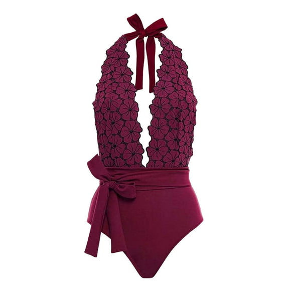 QUNYINEY Backless One-Piece Swimsuits for Women Monokini Floral Bathing Suits Tummy Control Halter High Waisted Swimwear