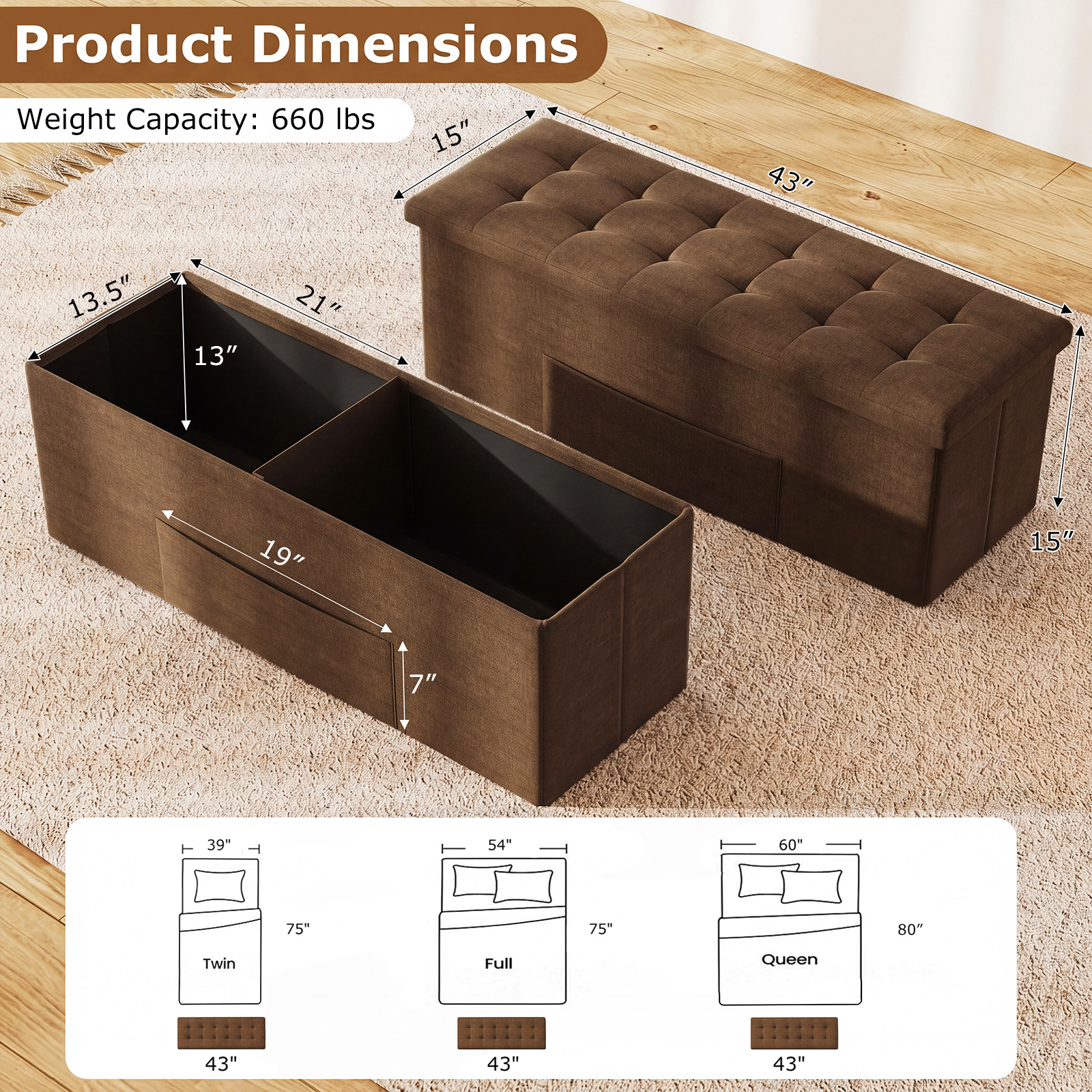 Costway 43" Folding Storage Ottoman Bench, Brown Linen photo 3