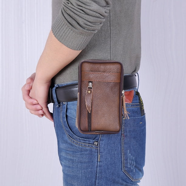 Bolsa Riñonera de piel de vaca para hombre, informal, pequeña, con cremallera para teléfono (marrón) JShteea Para Estrenar