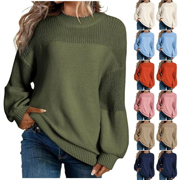 CFLVAEK Womens Sweaters Fall Casual Patchwork Lantern Sleeve Pullover Sweater Oversized Crew Neck Knit Jumper Solid Color Warm Tops Army Green S