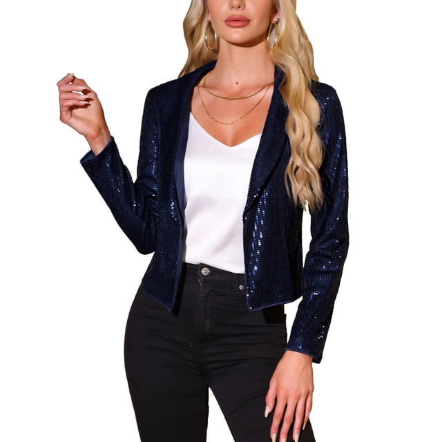 INSPIRE CHIC Cardigan Court Scintillant pour Femmes Boléro à Paillettes Ouvert Bleu Foncé L