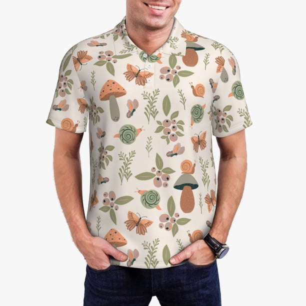 Balery Forest Mushrooms Insects Camisa Polo de Hombre con Estampado, de Manga Corta y Tejido Medio, Camisa Tipo Golf Polo-Medium