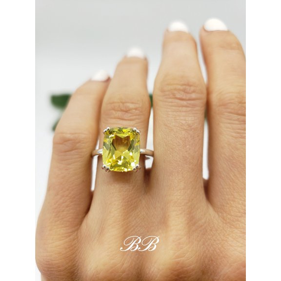9x7mm - 12x10mm Lab-Created Yellow Sapphire, Elongated Cushion Cut, Double Prong Ring, Sterling Silver