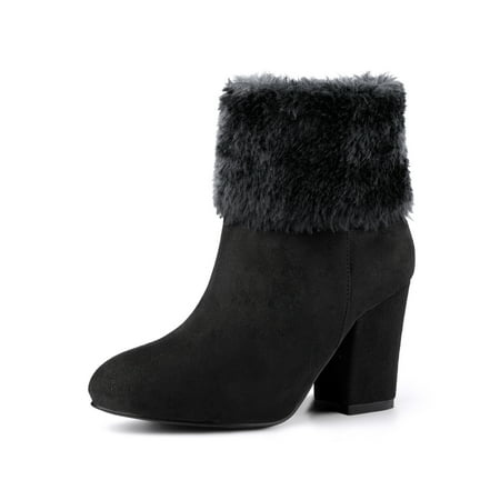 

Allegra K Women s Faux Fur Block Heel Round Toe Ankle Boots