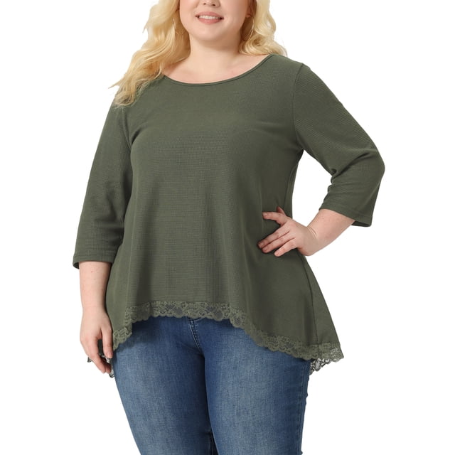 GRACE & GRANDEUR Blouse pour Femme Grande Taille à Manches 3/4 en Tricot Gaufré, Col Rond, Panneau en Dentelle, Coupe Ample, Ourlet Haut-Bas, Hauts Vert Armée 4X