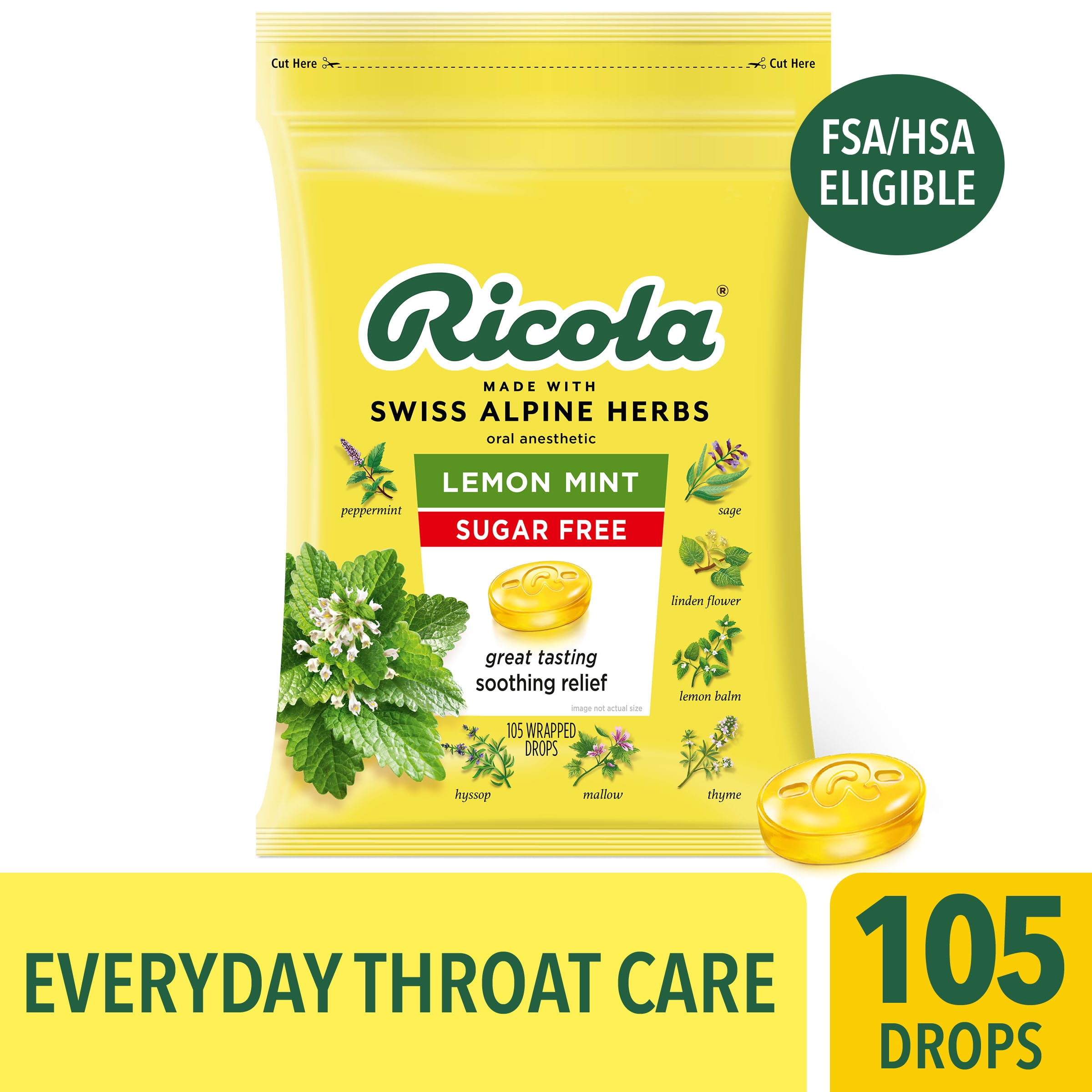 Ricola® Sugar Free Lemon Mint Throat Drops | Refreshing Throat Relief & Oral Anesthetic, 105 Count Club