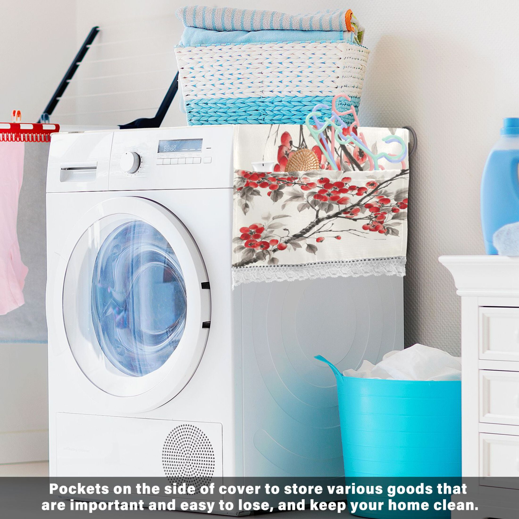 Malus SpectabilisWasher and Dryer Covers Dust-Proof and Oil Resistant Fridge Cover with 4 Storage Pockets Washing Machine Top Cover for Laundry Kitchen Home 51.2 x 22 In