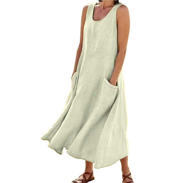 Vestido largo sin mangas de lino para mujer: vestido informal con cuello redondo y bolsillos, poliéster/spandex, tallas S-XXL.