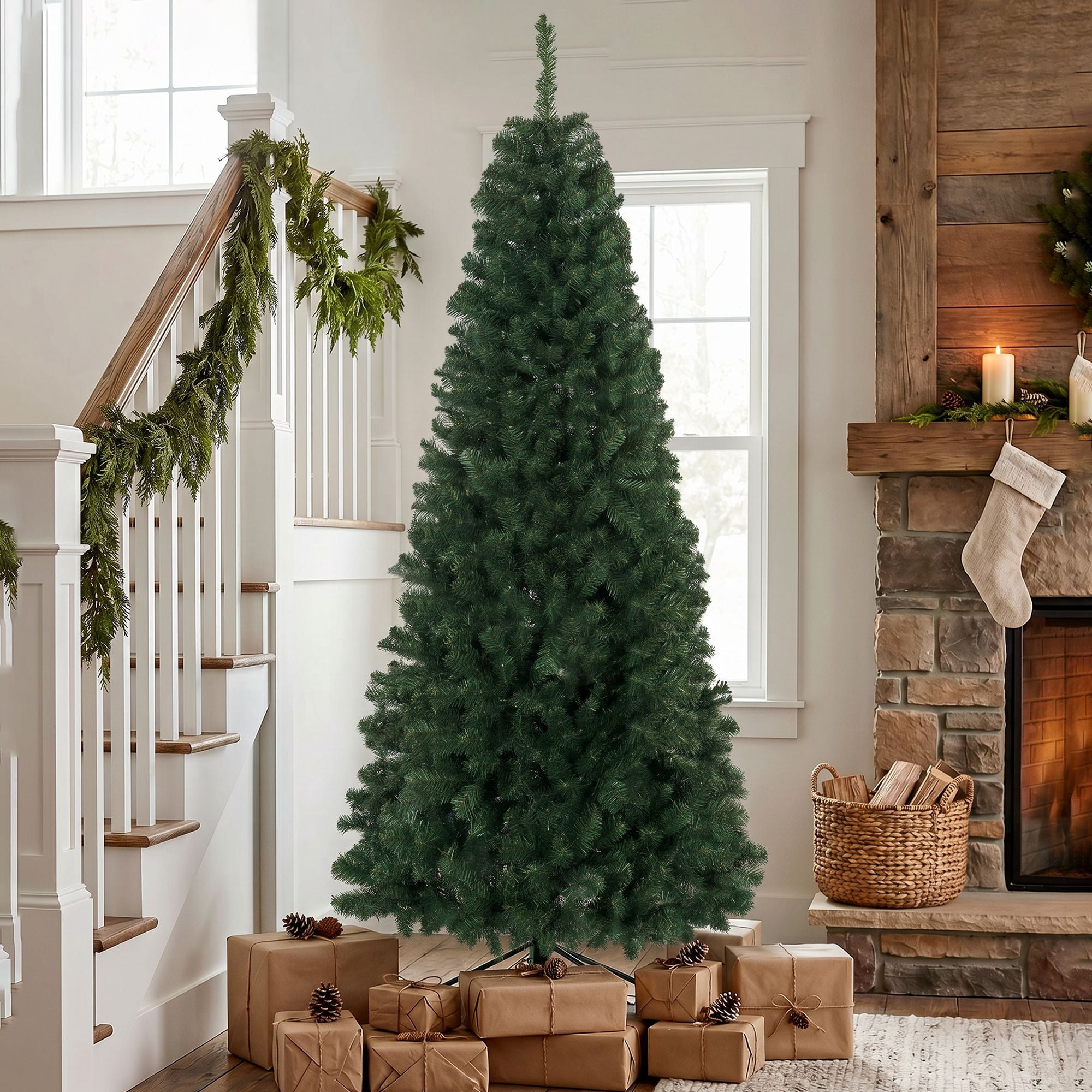 7.5 ft Artificial Christmas Tree, Norway Spruce with 1388 Branch Tips, Hinged Setup, Flame-Retardant, Metal Stand, 45 in Wide, for Living Room and Entryway
