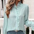 thumbnail image 6 of Women’s Casual Plaid V-Neck Blouse – Ruffle Trim Long Sleeve Shirt, Lightweight Gingham Top Green, 6 of 8