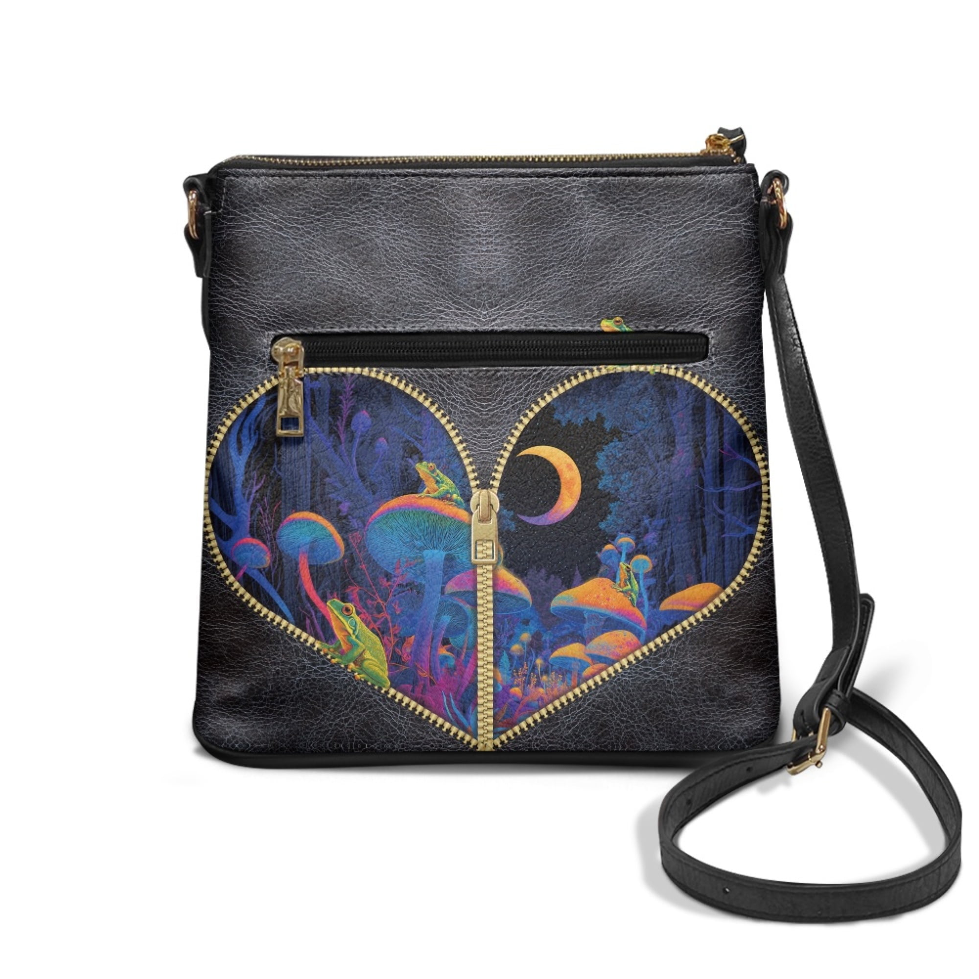 Kuiaobaty Mushroom Frog Print Crossbody bag for Women, Punk Lightweight Vegan Leather Hobo Handbag Crossbody, Multi Pockets Messenger Purse with Adjustable Strap for Travel