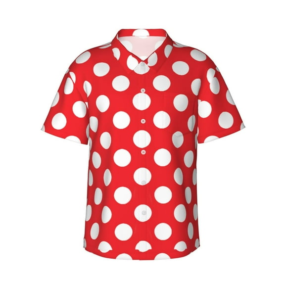 Red And White Polka Dot Hawaiian Shirts For Men, Summer Short-Sleeve Relaxed-Fit Button-Down Shirts Small
