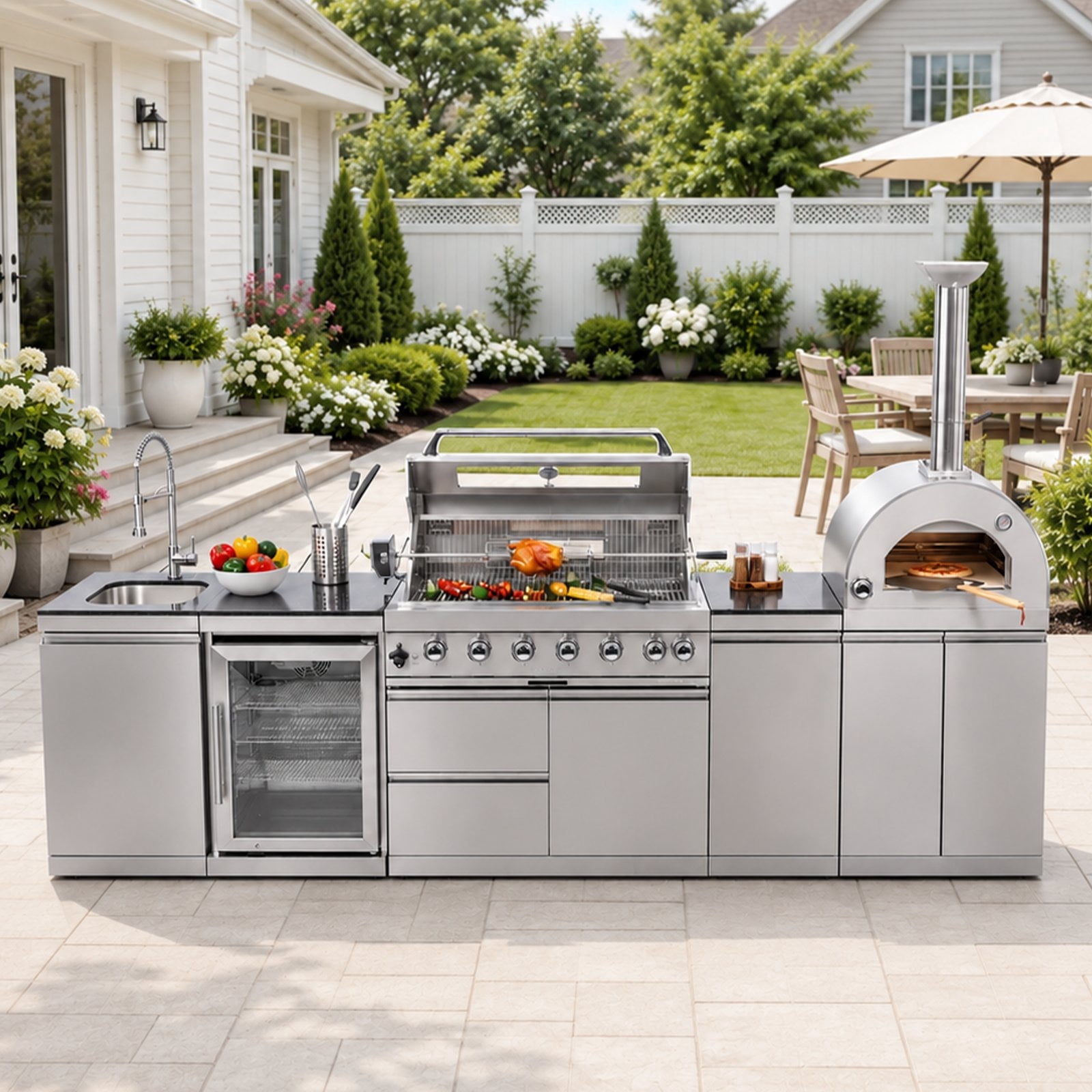 128" Outdoor Kitchen Island Propane Gas Grill Station with Built-in BBQ Grill, Pizza Oven, Refrigerator & Storage Cabinets – 120,000 BTU