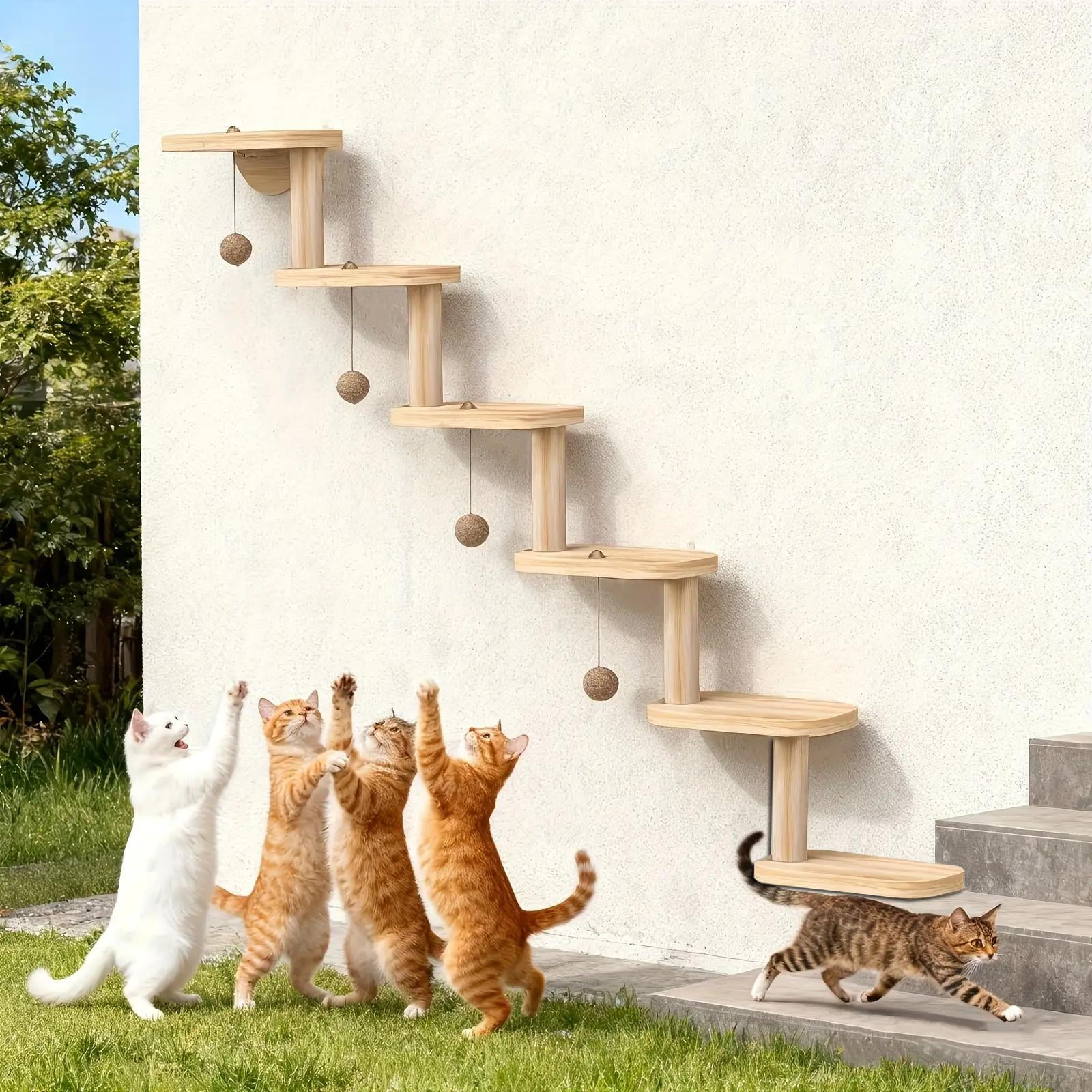 6-Level Cat Wall System with 4 Balls - Solid Wood Multi-Layer Cat Furniture for Indoor Play Exercise Scratching Posts Cat House & Staircase Ideal for Multiple Cats